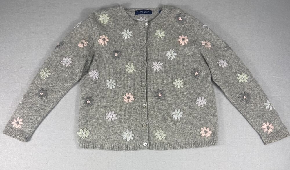 Vintage Karen Scott Pure Wool Embroidered Daisy Cardigan Sweater M Grey